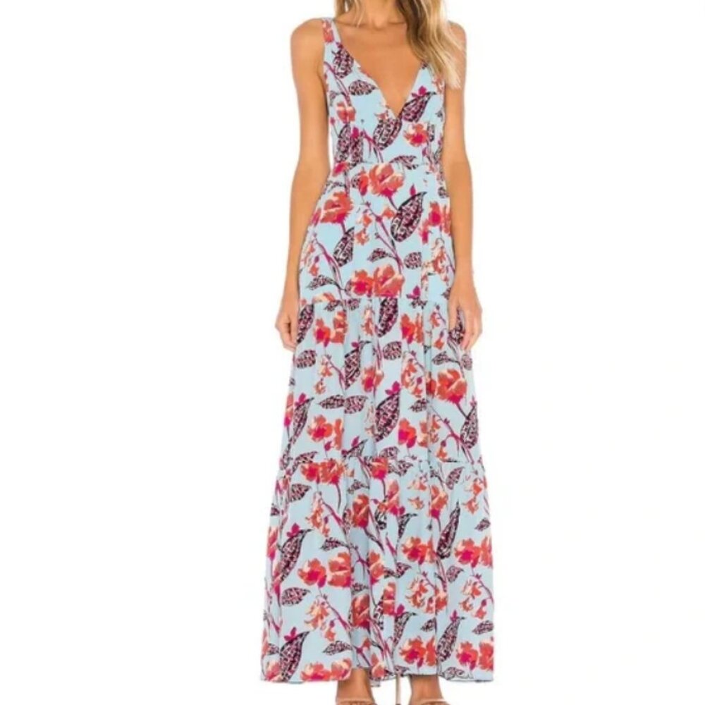 A.L.C. Rae Floral Print Sleeveless Tiered Silk Maxi Dress Blue Size